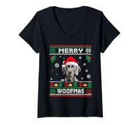 Femme Merry Woofmas Braque De Weimar Chien Drôle Noël Moche Noël T-Shirt avec Col en V