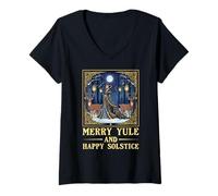 Femme Merry Yule and Happy Solstice Deer Christmas Gothic Païen T-Shirt avec Col en V