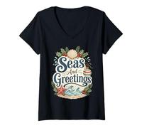 Femme Mers et Salutations, Noël côtier T-Shirt avec Col en V