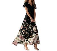Femme Mes Commandes Col V Robe de Soirée Longue a Fleur Été Noir Fleurie Plage Robe Femme Chic Et Elegant Cintrée Elegante Elegant de Soirée Manche Courte Spring Dress Noir XXL