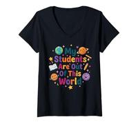 Femme Mes élèves sont Une enseignante Amusante de la Journée de l'espace T-Shirt avec Col en V