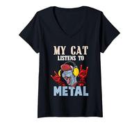 Femme Mes listes de Chats en métal T-Shirt avec Col en V, Noir, S