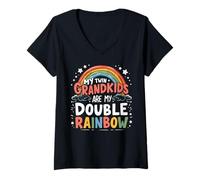 Femme Mes petits-enfants jumeaux sont ma grand-mère jumelle double arc-en-ciel T-Shirt avec Col en V