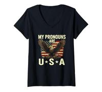 Femme Mes pronoms sont une déclaration de drapeau USA Eagle T-Shirt avec Col en V