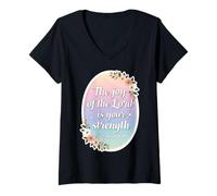 Femme Message de la Femme chrétienne : « La Joie du Seigneur est Votre Force » T-Shirt avec Col en V