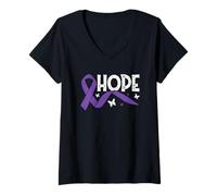 Femme Message d'inspiration avec ruban violet « Hope » pour l'autonomisation T-Shirt avec Col en V