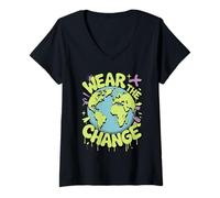 Femme Message du mouvement écologique « Wear the Change World Earth » T-Shirt avec Col en V
