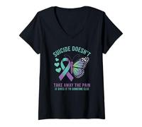 Femme Message émotionnel anti-suicide papillon T-Shirt avec Col en V