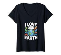 Femme Message environnemental « I Love Our Earth » T-Shirt avec Col en V