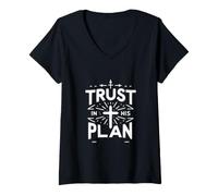 Femme Message inspirant de Foi chrétienne « Trust in His Plan » T-Shirt avec Col en V