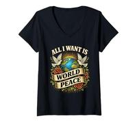 Femme Message réconfortant Classique « Loving All I Want is World Peace » T-Shirt avec Col en V