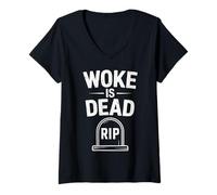Femme Message Sarcastique Humoristique Woke is Dead Rip Tombstone T-Shirt avec Col en V