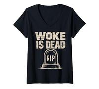 Femme Message Sarcastique Humoristique Woke is Dead Rip Tombstone T-Shirt avec Col en V