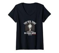 Femme Message « The Veil Tore So I Could Enter Christian Cross » T-Shirt avec Col en V