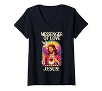 Femme Messager de l'amour Jésus Vibrant Pop-Art chrétien Vintage T-Shirt avec Col en V