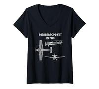 Femme Messerschmitt BF 109 Avion de Chasse Allemand WW2 Blueprint T-Shirt avec Col en V