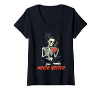 Femme Messy Bun Drinking Coffee for Women Never Better Skeleton T-Shirt avec Col en V