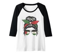 Femme Messy Bun Palestine Femmes Drapeau Palestinien Keffiyeh Tee Manche Raglan