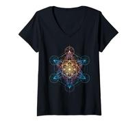 Femme Metatron Cube Géométrie Sacrée T-Shirt avec Col en V