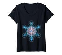 Femme Metatron Cube Géométrie Sacrée T-Shirt avec Col en V