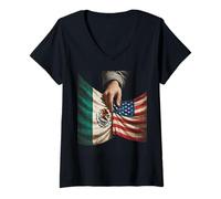 Femme Mexique et USA Unity Disant Tenant Les Drapeaux Ensemble Pride T-Shirt avec Col en V
