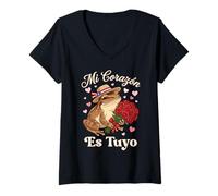 Femme Mi Corazón ES Tuyo Coquí Grenouille avec Roses Boricua Valentine T-Shirt avec Col en V
