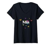 Femme MIA - Joli prénom de fille avec des papillons colorés T-Shirt avec Col en V
