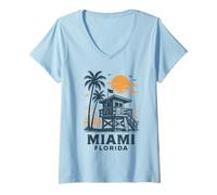 Femme Miami Florida Retro Beach Vacances Summer Travel T-Shirt avec Col en V