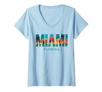 Femme Miami Florida Sunset - Vintage Palm Tree Beach Vibes T-Shirt avec Col en V