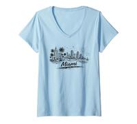 Femme Miami, Floride, Plage, Horizon, Ville, Palmiers, Soleil T-Shirt avec Col en V