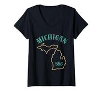 Femme Michigan 586 Zone Code Graphique État Outline Design régional T-Shirt avec Col en V