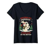 Femme Michigan Chemise de Noël Bonhomme de Neige Mignon Arbre Cardinal MI State T-Shirt avec Col en V