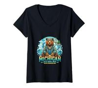 Femme Michigan Grands Lacs Ours Eau Nature Vibes T-Shirt avec Col en V