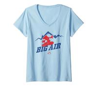 Femme Mickey Mouse Big Air Ski Noël T-Shirt avec Col en V