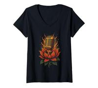 Femme Microphone Lotus Blossom Style rétro T-Shirt avec Col en V