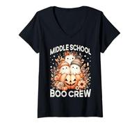 Femme Middle School Boo Crew Teacher Automne Halloween Ghost Pumpkin T-Shirt avec Col en V