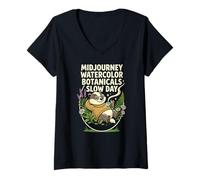 Femme Midjourney Aquarelle Botanicals Tea Drinking Panda Slow T-Shirt avec Col en V