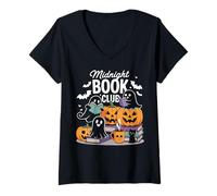 Femme Midnight Book Club Ghosts Pumpkins Bats Cat T-Shirt avec Col en V