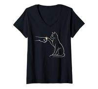 Femme Midnight Cat Touch Magical Bond Line Art Cat Silhouette T-Shirt avec Col en V