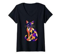 Femme Midnight Mosaic Cat Abstrait Color Block Art T-Shirt avec Col en V