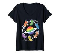 Femme Mignon Astronaute Dragons Rainbow Ringed World T-Shirt avec Col en V
