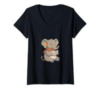 Femme Mignon Bébé Éléphant avec Écharpe Lit Un Livre T-Shirt avec Col en V