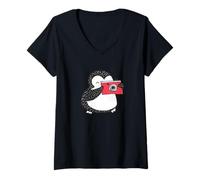 Femme Mignon bébé Pingouin de Noël avec Appareil Photo Rouge prenant des Photos T-Shirt avec Col en V