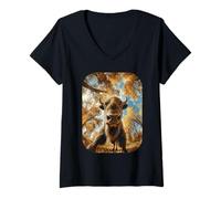 Femme Mignon Bison Selfie Feuilles d'automne Forêt Esthétique Animal d'automne T-Shirt avec Col en V