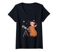 Femme Mignon Capybara Axolotl Observation des étoiles spatiales Astronomie Enfants T-Shirt avec Col en V