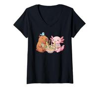 Femme Mignon Capybara Axolotl Ramen Bird Bubble Tea T-Shirt avec Col en V