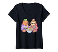 Femme Mignon Capybara Paresseux Ramen Tortue Escargot Bubble Tea T-Shirt avec Col en V