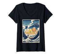 Femme Mignon Capybara Ramen MT Fuji Ukiyo-e Grande Vague Art Japonais T-Shirt avec Col en V