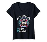Femme Mignon carlin kawaii liste des choses que j'aime les jeux vidéo amateur T-Shirt avec Col en V