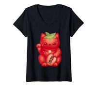 Femme Mignon Chat Fraise Neko Kawaii Anime Femmes Filles drôle T-Shirt avec Col en V